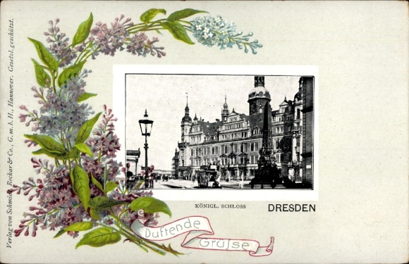 Passepartout Postcard Dresden Altstadt, Royal Palace, blooming lilac