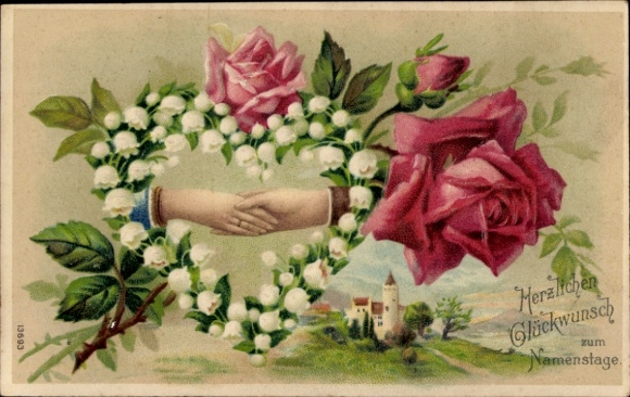 Embossed Passepartout Postcard Congratulations on your name day, roses, horseshoes, lily of the valley