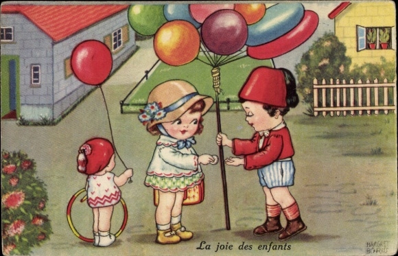 Kunstenaarskaart Boriss, M., meisje koopt ballonnen, hoelahop, Amag 0304