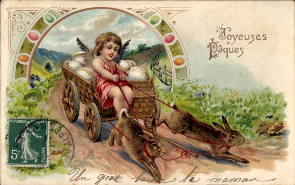 Litho Glückwunsch Ostern, Engel, Osterhasen, Eier, Fuhrwerk