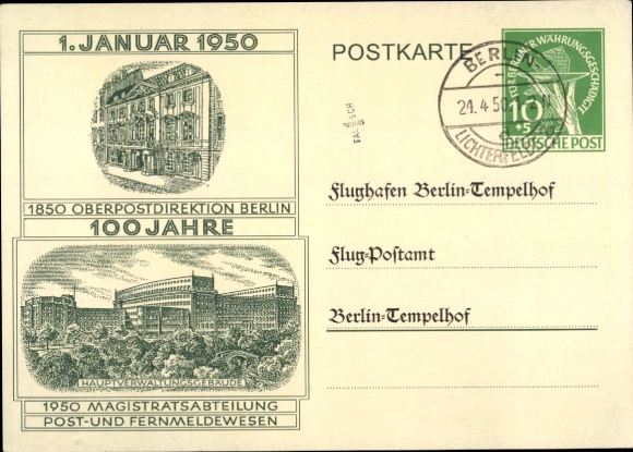 Postwaardekaart Berlijn Charlottenburg, 100 jaar Oberpostdirektion Berlijn 1950