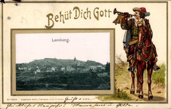 Embossed passepartout PC Leonberg in Württemberg, general view, trumpeter from Säckingen