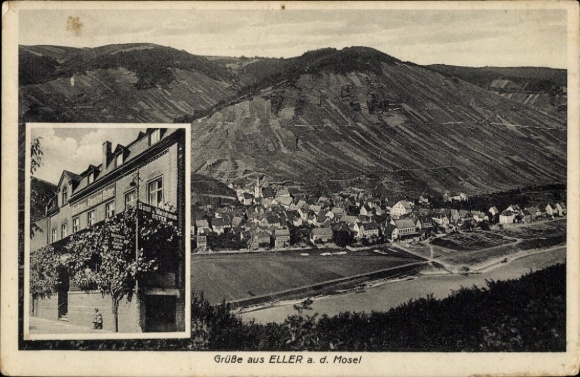 Postcard Eller on the Moselle, beautiful landscape, Eller district, hotel view, mountains