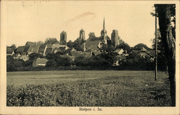 Postcard Stolpen in Saxony, town view with church, towers