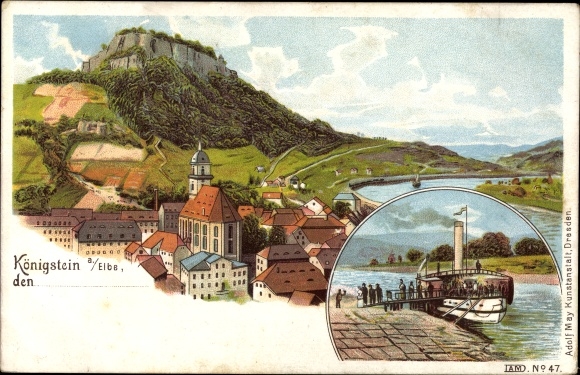 Chromo-Litho Königstein on the Elbe Saxon Switzerland, fortress, place, steamer at the jetty