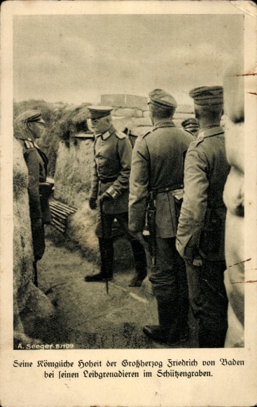 Postcard Grand Duke Friedrich II of Baden, Life Grenadiers, Trench, Red Cross, I WW