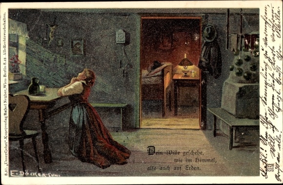 Kunstenaar litho Döcker, E., Uw wil geschiede, biddende vrouw