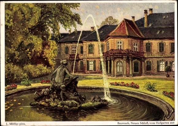 Artist PC Mößler, L., Bayreuth in Upper Franconia, New Castle from the courtyard garden, fountain
