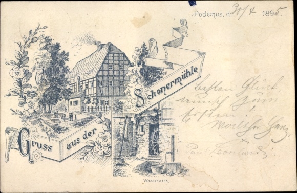 Precursor Chromo-Litho Dresden Mobschatz Podemus, Schonermühle, Wasserwerk