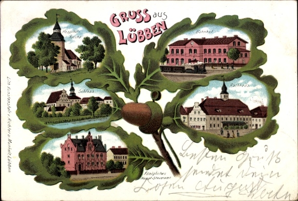 Eichenblatt Litho Lübben im Spreewald, Hospitalkirche, Bahnhof, Rathaus, Schloss, Haupt-Steueramt