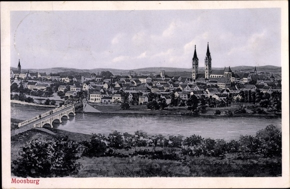 PC Moosburg an der Isar in the district of Freising, total view of the village, river, bridge, church