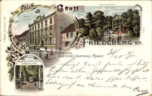 Litho Strzelce Krajenskie Friedeberg in der Neumark Ostbrandenburg, Hotel z. Post, Dt. Kaiser Garten