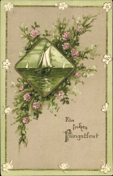 Embossed PC congratulations Pentecost, shamrocks, motif with sailing boat