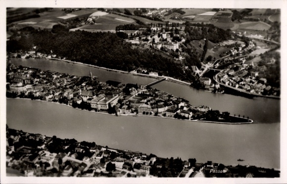 Postcard Passau in Lower Bavaria, aerial photograph