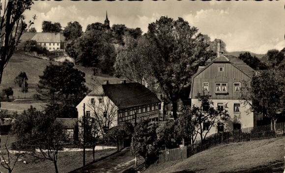 Postcard Dorfchemnitz near Sayda Central Saxony, landscape, buildings, trees, church, black and white