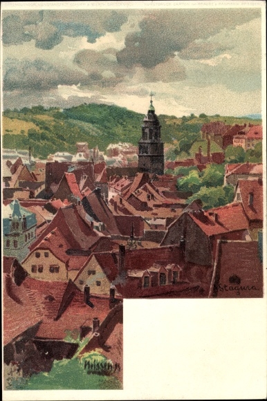 Kunstenaarskaart Meissen in Saksen, panorama met kerktoren