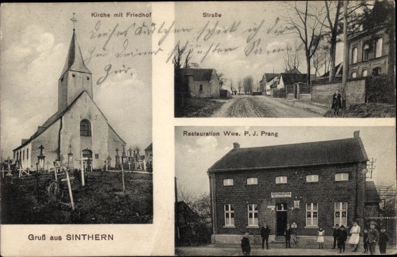 Postcard Sinthern Pulheim North Rhine-Westphalia, church with cemetery, street area, restaurant Prang