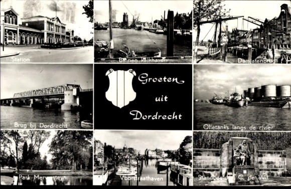 Ansichtkaart Dordrecht Zuid-Holland Nederland, treinstation, brug, olietanks langs de rivier, park