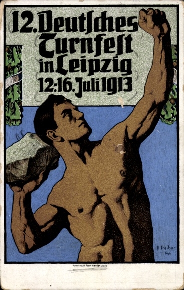 Artist Postcard Treiber, H., 12th German Gymnastics Festival in Leipzig 1913, Man throwing stone