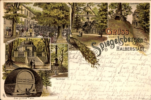 Chromo-Litho Halberstadt in Saxony Anhalt, Spiegelsberge, peacock, restoration, mausoleum, barrel