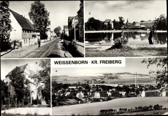 Postcard Weißenborn in the Ore Mountains, Dorfstraße, outdoor pool, cultural center, overview of the town