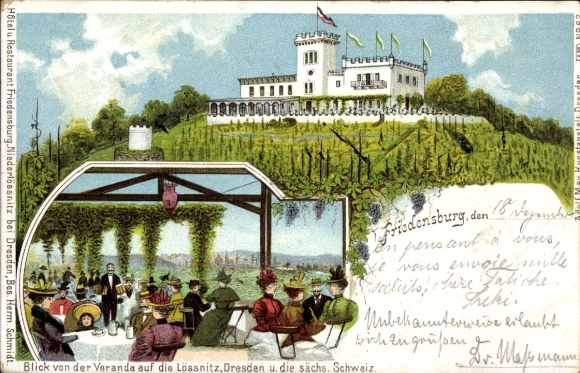 Litho Radebeul in Sachsen, Berggasthaus Friedensburg, Blick von der Veranda