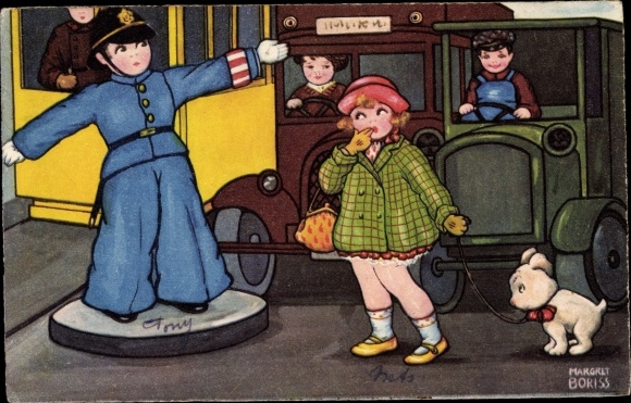 Artist PC Boriss, Margret, traffic cop at an intersection, girl goes for a walk with the dog