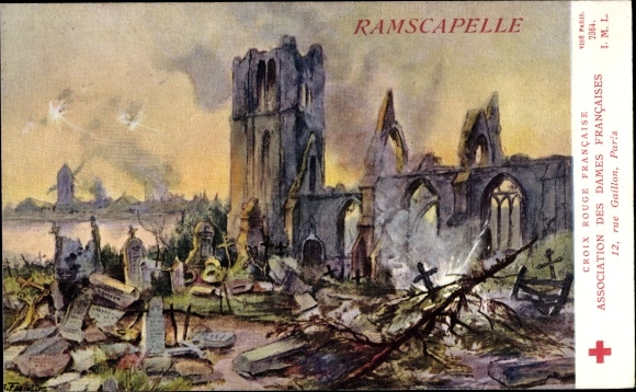 Artist PC Fraipont, G., Ramscapelle West Flanders Belgium, Destroyed Church