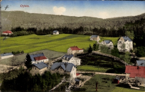 Ak Oybin in der Oberlausitz, Landschaft mit Häusern, Wäldern, Hügel, farbenfrohe Darstellung, ruh