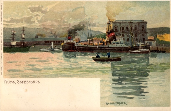 Artist Postcard Raoul Frank, Rijeka Fiume Croatia, harbor, sea port, steamships
