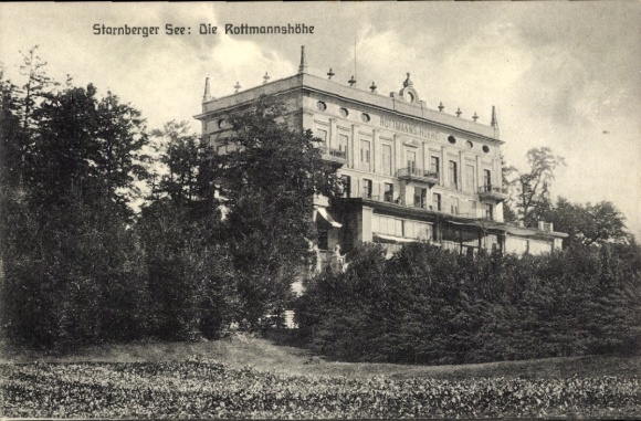 Postcard Starnberg on Lake Starnberg Upper Bavaria, historic building, surrounded by trees, on Lake Starnberg