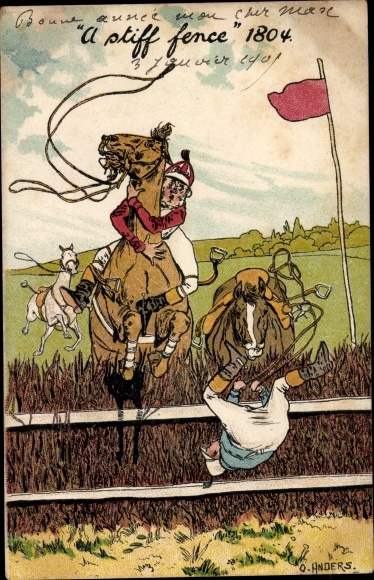 Artist Postcard Anders, O., horse jump over an obstacle, fall, jockeys