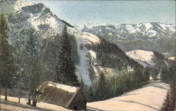 Postcard Styria Austria, Hochschwab, mountain landscape, snow-covered mountains, row of trees, small hut