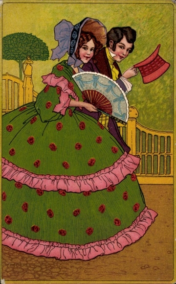 Chromo-Litho Elegant lady in green dress with pink ruffles and flowers, man in tailcoat, fan