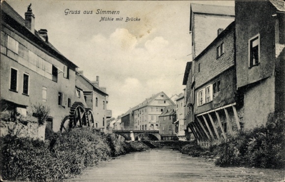 Postcard Simmern in the Hunsrück, greeting from a mill with a bridge, idyllic river landscape