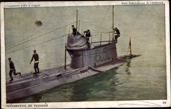 Künstler Ak Britisches U Boot, B 5, Préparatifs de Plongée, Seeleute an Deck