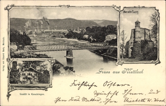 Postcard Mettlach in Saarland, general view, bridge, old tower, stud farm