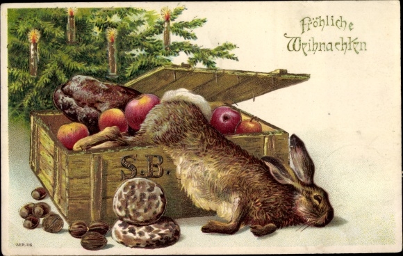 Ak Gefeliciteerd Kerstmis, konijn, doos met fruit en noten, dennenboom
