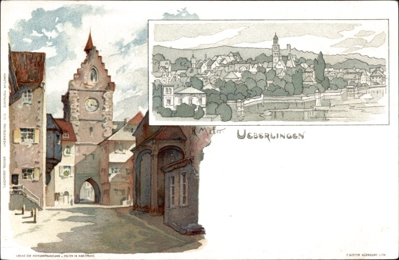 Artist Chromo-Litho Mutter, K., Überlingen am Bodensee, clock tower and gate, street, general view