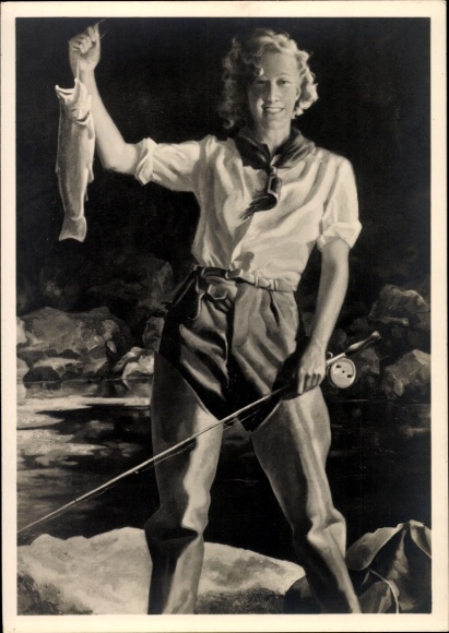 Künstler Ak Engelhard, Jul. U., Sportfischerin, Frau mit Angel und Fisch, HDK 422