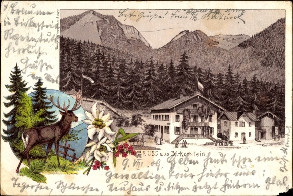 Chromo-Litho Birkenstein Fischbachau in Upper Bavaria, partial view of the village, buildings, mountains, deer