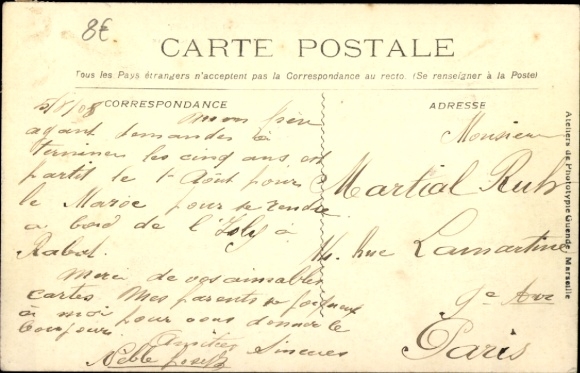 Postcard Sanary sur Mer Var, fountain with statue, text in French, trees and buildings in the background