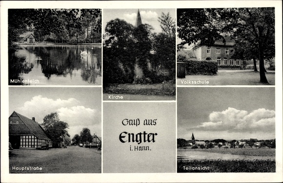 Ak Engter Bramsche in Niedersachsen, Mühlenteich, Kirche, Volksschule, Hauptstraße, Teilansicht