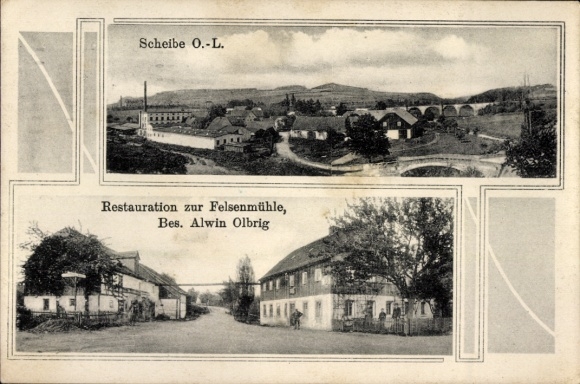 Ak Scheibe Mittelherwigsdorf in Oberlausitz, restauratie van de Felsenmühle, eigenaar Alwin Olbrig