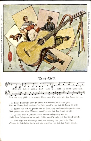 Song Artist Postcard Lattermann, Trutz Liedl, postman, guitar, walking stick, Wilhelm Vogel, Erzgebirge