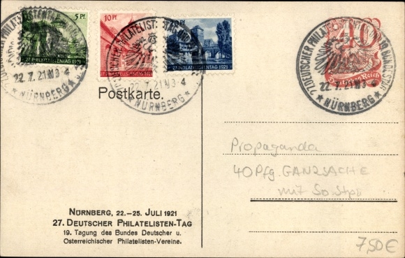 Postal stationery coat of arms PC Nuremberg in Middle Franconia Bavaria, 27th German Philatelic Day 1921