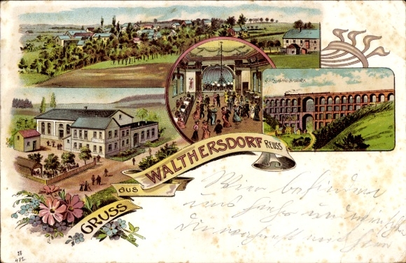 Chromo-Litho Walthersdorf Crottendorf in the Ore Mountains, general view, hotel, railway bridge