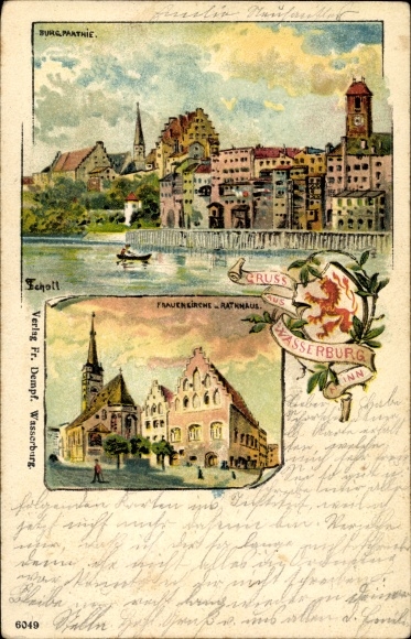 Artist Chromo-Litho Wasserburg am Inn Upper Bavaria, Frauenkirche, town hall, castle