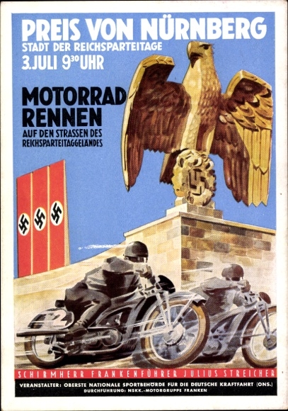 Ak Motorradrennen Preis von Nürnberg 3.07.1938, auf den Straßen des Reichsparteitaggeländes