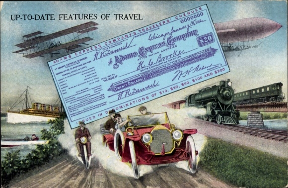Postcard Current Features of Travel, Adams Express Company's Travellers